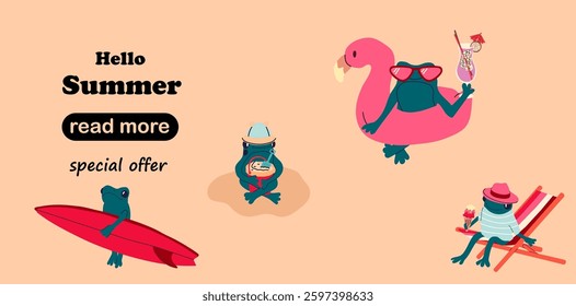 Web page design template.  A set of four cartoon frogs in different beach poses, enjoying summer activities
