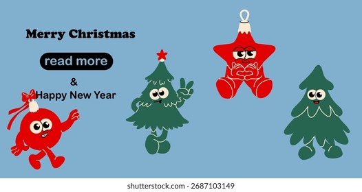 Web page design template. Set of cute and funny Christmas characters