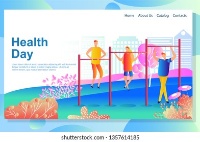 Web page design template shows Physical exercises of young people training outdoors. Improving their health and body