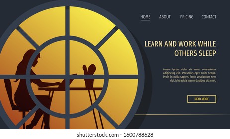 Web page design template with silhouette of woman behind the large round window. Online education, Distant work, workplace concept. Vector illustration perfect for poster, banner, website, placard.