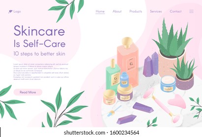 Web page design template for skin care treatment,beauty routine tutorial,spa,wellness,natural products,cosmetics,self care.Vector illustration concept for website, mobile website.Landing page layout.