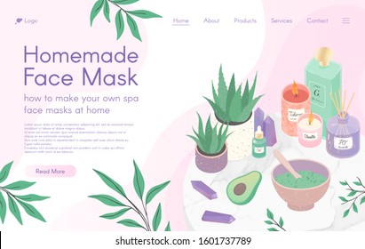 Web page design template for skin care treatment,homemade facial mask tutorial,spa,wellness,natural products,self care.Vector illustration concept for website, mobile website.Landing page layout.