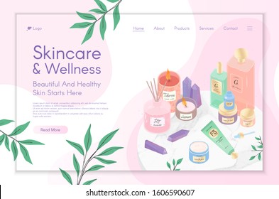 Web page design template for skin care treatment,spa,wellness,beauty routine tutorial,natural products,cosmetics,self care.Vector illustration concept for website,mobile website.Landing page layout.
