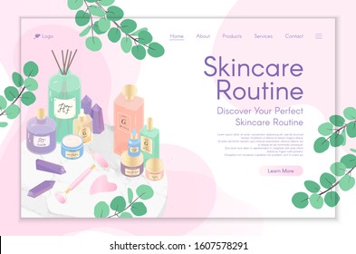 Web page design template for skin care treatment,beauty routine tutorial,spa,wellness,natural products,cosmetics,self care.Vector illustration concept for website, mobile website.Landing page layout.