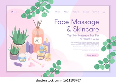 Web page design template for skin care treatment,face massage tutorial,spa,wellness,natural products,cosmetics,self care.Vector illustration concept for website, mobile website.Landing page layout.