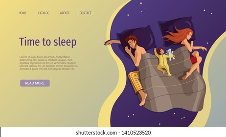 Web page design template for sleeping young family, restful sleep, serenity. Vector illustration concept for website development, poster, banner.