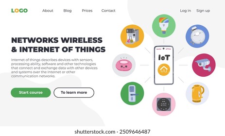 Web page design template with smart home, Internet of things concept. Cartoon vector illustration concept for websites, landing pages, mobile apps with phone controlling wireless intelligence devices.