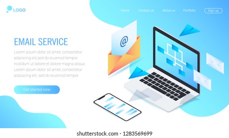 Web page design template for social media, online marketing and communication. Email service isometric vector illustration. Modern vector illustration concepts for website 