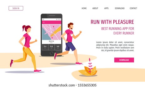 Plantilla de diseño de página web para entrenamiento deportivo, estilo de vida saludable, aplicación móvil. Teléfono con la aplicación y los ejecutores en ejecución. Ilustración vectorial para afiche, banner, sitio web, presentación.