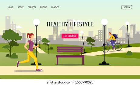 Web page design template for Sport, Healthy lifestyle, Outdoor, City park. People running and cycling in the park . Vector illustration for poster, banner, placard, website, card, flyer.