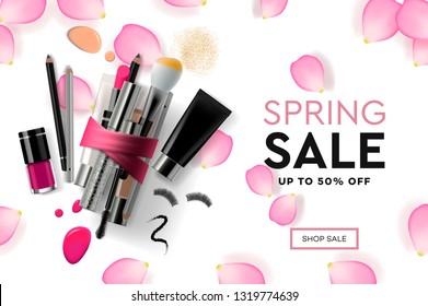 Web page design template for Spring Sale cosmetics, makeup course, natural products, body care. Modern design vector illustration concept for website and mobile website development.