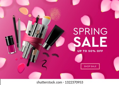 Plantilla de diseño de página web para cosméticos Spring Sale, curso de maquillaje, productos naturales, cuidado corporal. Diseño moderno concepto de ilustración vectorial para el desarrollo de sitios web y sitios web móviles.