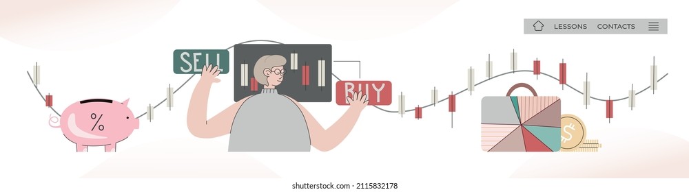 Web page design template for stock market, exchange, criptocurrency with trader investing money online, making up investment portfolio wisely for future. Concept vector illustration
