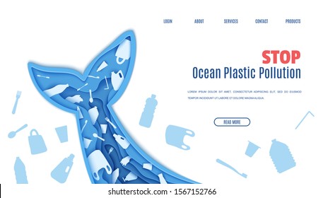 Web page design template stop ocean plastic pollution in paper cut style. Tail fin in the form papercut layer cave with plastic bag for rubbish, bottle, disposable tableware. Vector ecological concept