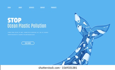 Web page design template stop ocean plastic pollution in paper cut style. Tail fin in the form papercut layer cave with plastic bag for rubbish, bottle disposable tableware. Vector ecological concept