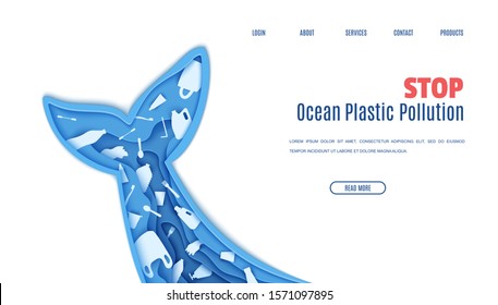 Web page design template stop ocean plastic pollution in paper cut style. Tail fin in the form papercut layer cave with plastic bag for rubbish, bottle, disposable tableware. Vector ecological concept