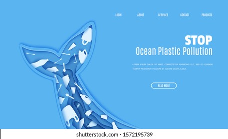 Web page design template stop ocean plastic pollution in paper cut style. Tail fin in the form papercut layer cave with plastic bag for rubbish, bottle, disposable tableware. Vector ecological concept