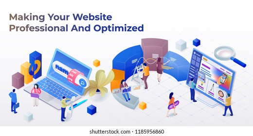 Web Page Design Template For Web Studio In The Modern 3d Isometric Style. Purchase Of A Domain Name. Development Of Sites And Mobile App. Search Engine Optimization And Analytics. Vector Illustration