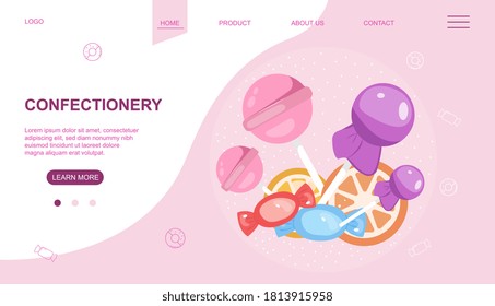 Web page design template for sweets and confectionery with copyspace for text, colored vector illustration