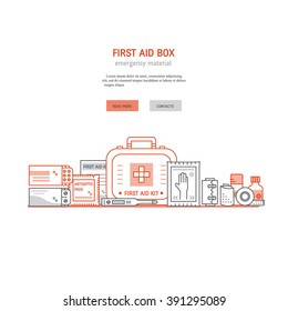 Web page design template with text, first aid kit , medical equipment and medications for emergency isolated in white background. Vector medical icons set in modern liner style. 