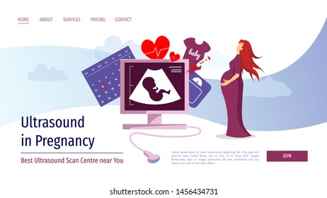 Web page design template for ultrasound diagnostic, sonogram and pregnancy. Ultrasound machine with embryo on the screen and pregnant women. Vector illustration for poster, banner, website.