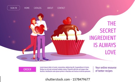 Web page design template for Valentine's Day, Love, Bakery, Bakeshop, Dessert, Recipes. Sweet cupcake and cute couple. Vector illustration for banner, advertising, website, poster, flyer.