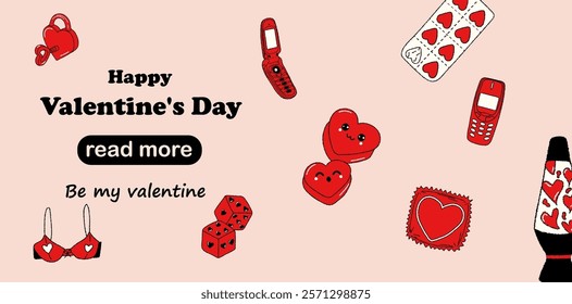 Web page design template. Vintage stickers. Happy Valentine's Day