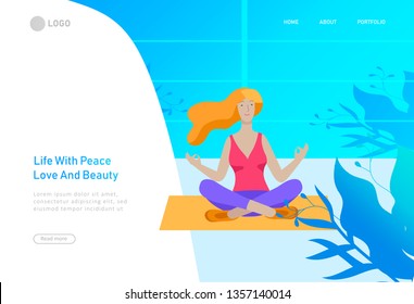Web page design template with woman meditate, sitting in yoga posture at home and at outdoor. Practice yoga lesson on nature. Mental health concept. Vector illustration cartoon