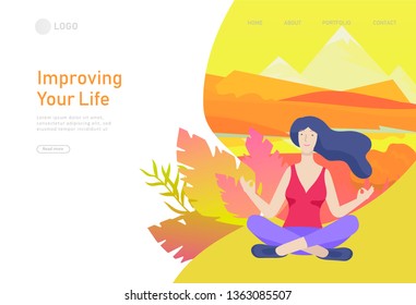 Web page design template with woman meditate on sunset, sitting in yoga posture at home and at outdoor. Practice yoga lesson on nature. Mental health concept. Vector illustration cartoon