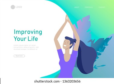 Web page design template with woman meditate, sitting in yoga posture at home and at outdoor. Practice yoga lesson on nature. Mental health concept. Vector illustration cartoon