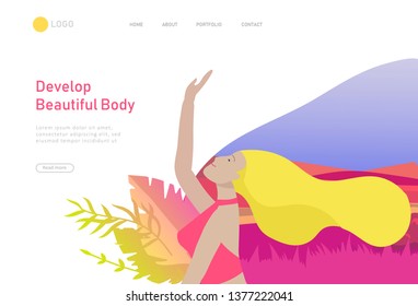 Web page design template with woman meditate, sitting in yoga posture at home and at outdoor. Practice yoga lesson on nature. Mental health concept. Vector illustration cartoon