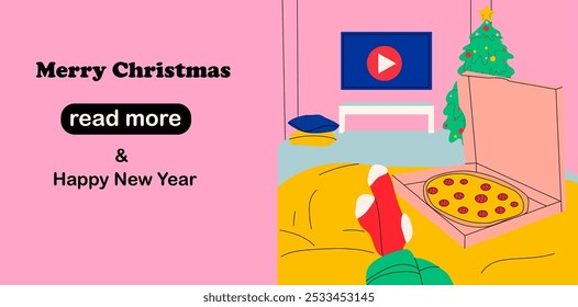 Web page design template. Woman lies on the bed and watches series on TV with pizza in her cute room. Vector illustration for poster, banner, website development.