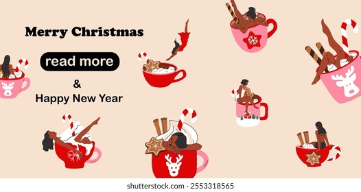 Web page design template. Women is bathing in a cute holiday mug with a flat cartoon style, featuring a Christmas hot drink. Happy new years