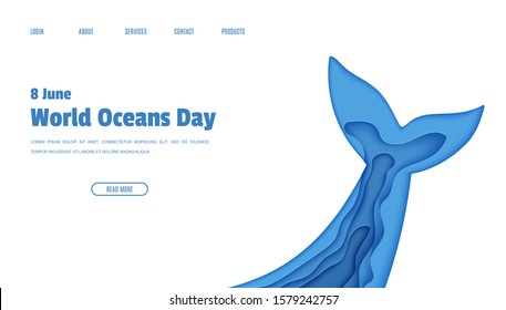 Web page design template World Ocean Day June 8 concept in paper cut style. Tail fin in the wavy form papercut layered. Vector ecological concept the Earth posters, World Water Day, eco brochures.