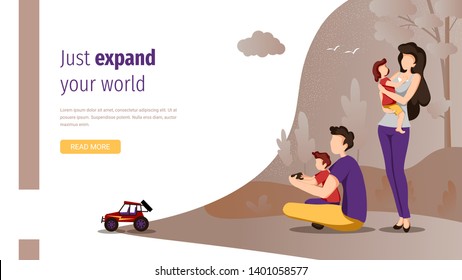 Web page design template for young and friendly family, holidays,nature and horizon expansion. Vector illustration in flat style. Perfect for poster, banner and website development.