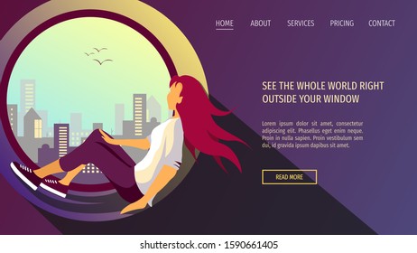 Web page design template with young woman sitting on the windowsill and looking at cityscape. Vector illustration perfect for poster, banner, website, placard.