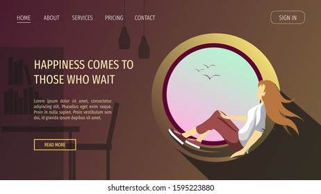 Web page design template with young woman sitting on the windowsill and looking at the view from the window. Vector illustration perfect for poster, banner, website, placard.