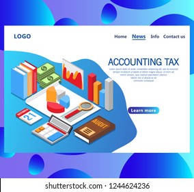 Web page design templates for Accounting tax isometric vector concept. Audit, documents analysis, business review, paperwork with money. Landing page.