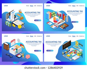 Web page design templates for Accounting tax isometric vector concept. Audit, documents analysis, business review, paperwork with money. Landing page.
