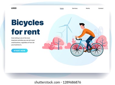 Web page design templates for bicycles for rent, green vehicle, ecological transport information services. Modern vector illustration concepts for website and mobile website development