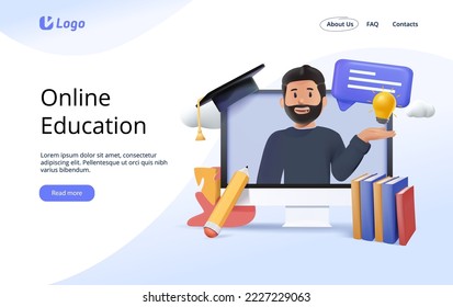 Web page design templates for book library, online learning, education 3D render illustration. Modern 3D vector illustration concepts for website and mobile website development. Curses, lecture online