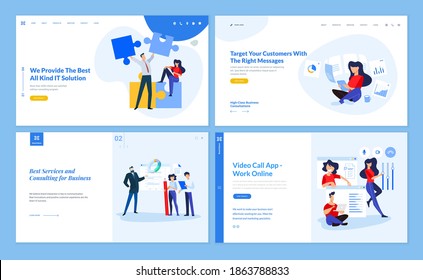 Web page design templates of IT and business solution, consulting, video call app, work online, customer relations manager. Vector illustration concepts for website development.