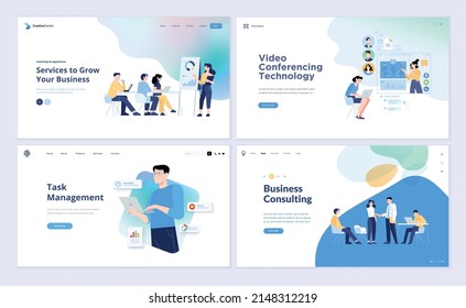 Web page design templates of business consulting, task management, project development, business strategy, video conferencing, online meeting, video call. Vector illustrations for web development.