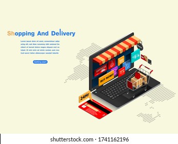 Web page design templates for business,Ecommerce market  isometric and online shopping. Modern vector illustration concepts for website and mobile website development, vector isometric concept.