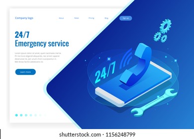 Web page design templates for call center support 24-7. Isometric 24 hours open customer service. Vector illustration Customer Service, Support or CRM