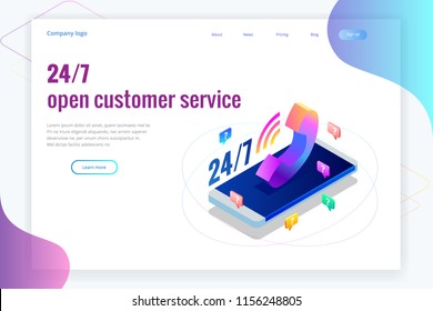 Web page design templates for call center support 24-7. Isometric 24 hours open customer service. Vector illustration Customer Service, Support or CRM