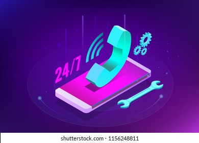 Web page design templates for call center support 24-7. Isometric 24 hours open customer service. Vector illustration Customer Service, Support or CRM