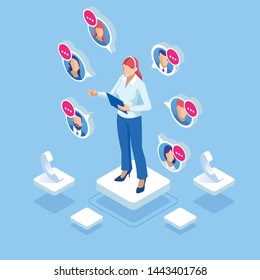 Web page design templates for call center support 24-7. Isometric 24 hours open customer service. Vector illustration Customer Service, Support or CRM