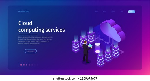 Web page design templates Cloud Computing concept. Isometric cloud services. Internet technology. Online services. Data, information security. Vector illustration.