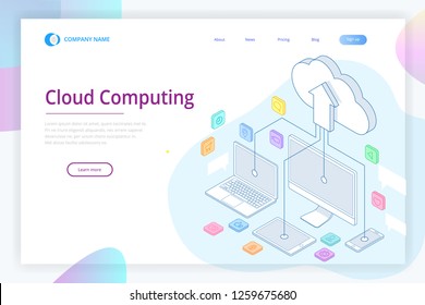 Web page design templates Cloud Computing concept. Isometric cloud services. Internet technology. Online services. Data, information security. Vector illustration.